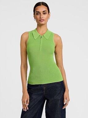 Sleeveless Zip Polo Sweater Tank Top - Green